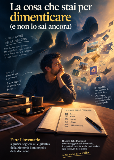 Uomo pensieroso a una scrivania con il Libro delle Password aperto, mentre figure ombra portano via foto, icone di account e ricordi sullo sfondo