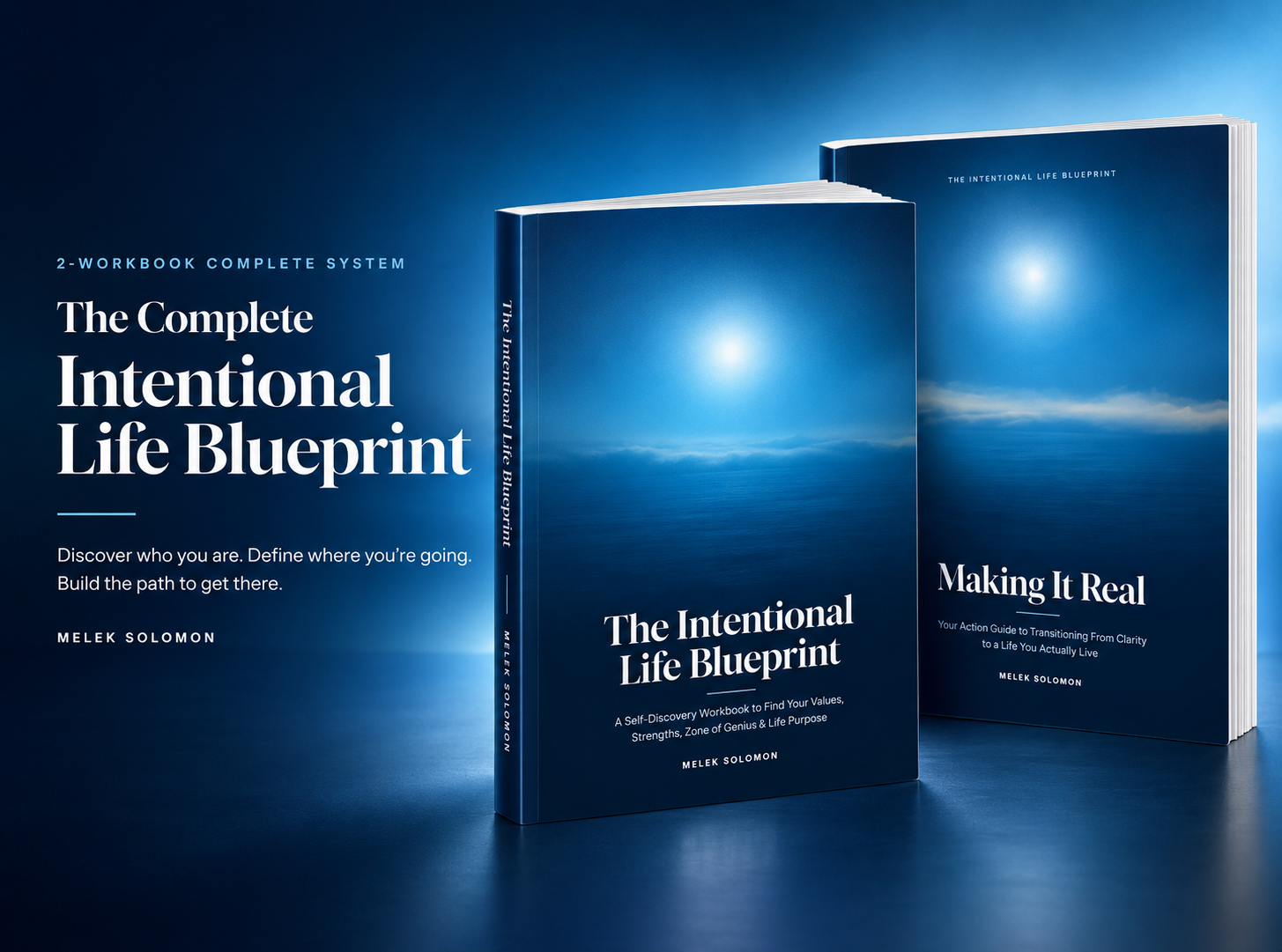 The Complete Intentional Life Blueprint two-workbook digital system by Melek Solomon, featuring The Intentional Life Blueprint and Making It Real.