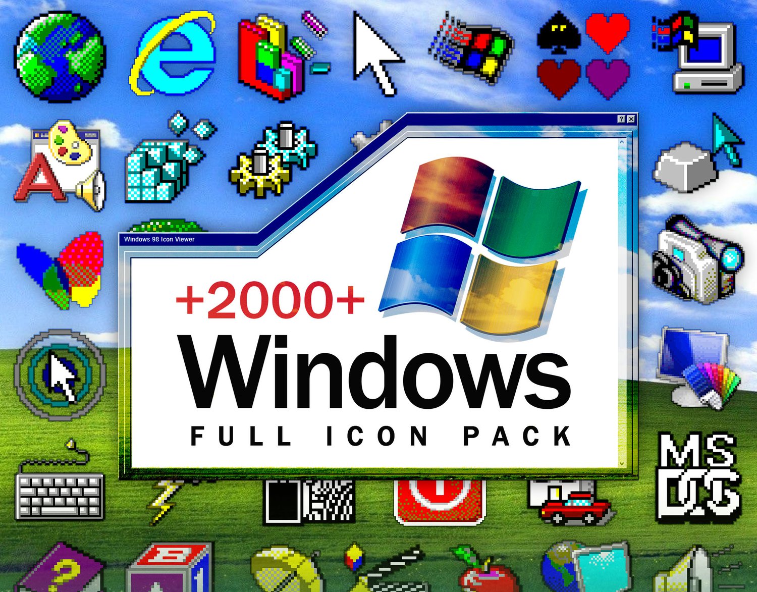 Vintage Windows PNG icon pack cover with 2000+ retro pixel icons including a globe, Internet Explorer logo, cursors, camcorder, keyboard and MS-DOS, over a blue sky and green hill background.