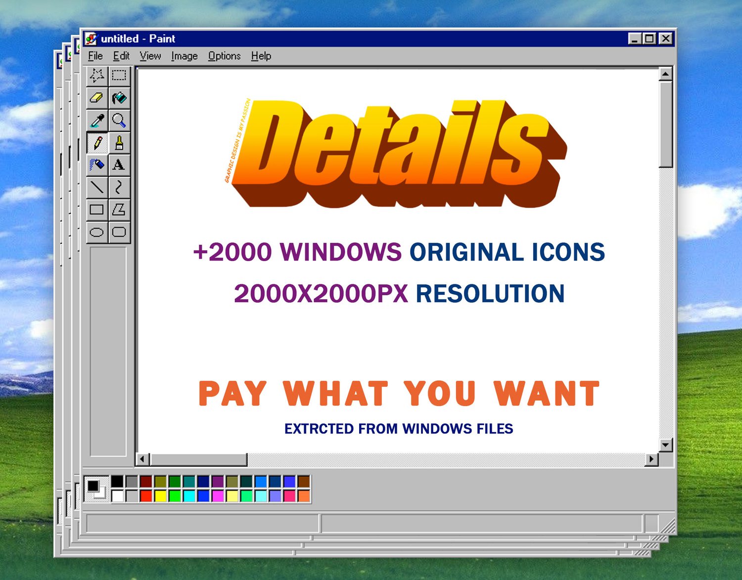 Vintage Windows icon pack details slide in a retro Paint-style window showing 2000+ original icons at 2000x2000px resolution, pay what you want.
