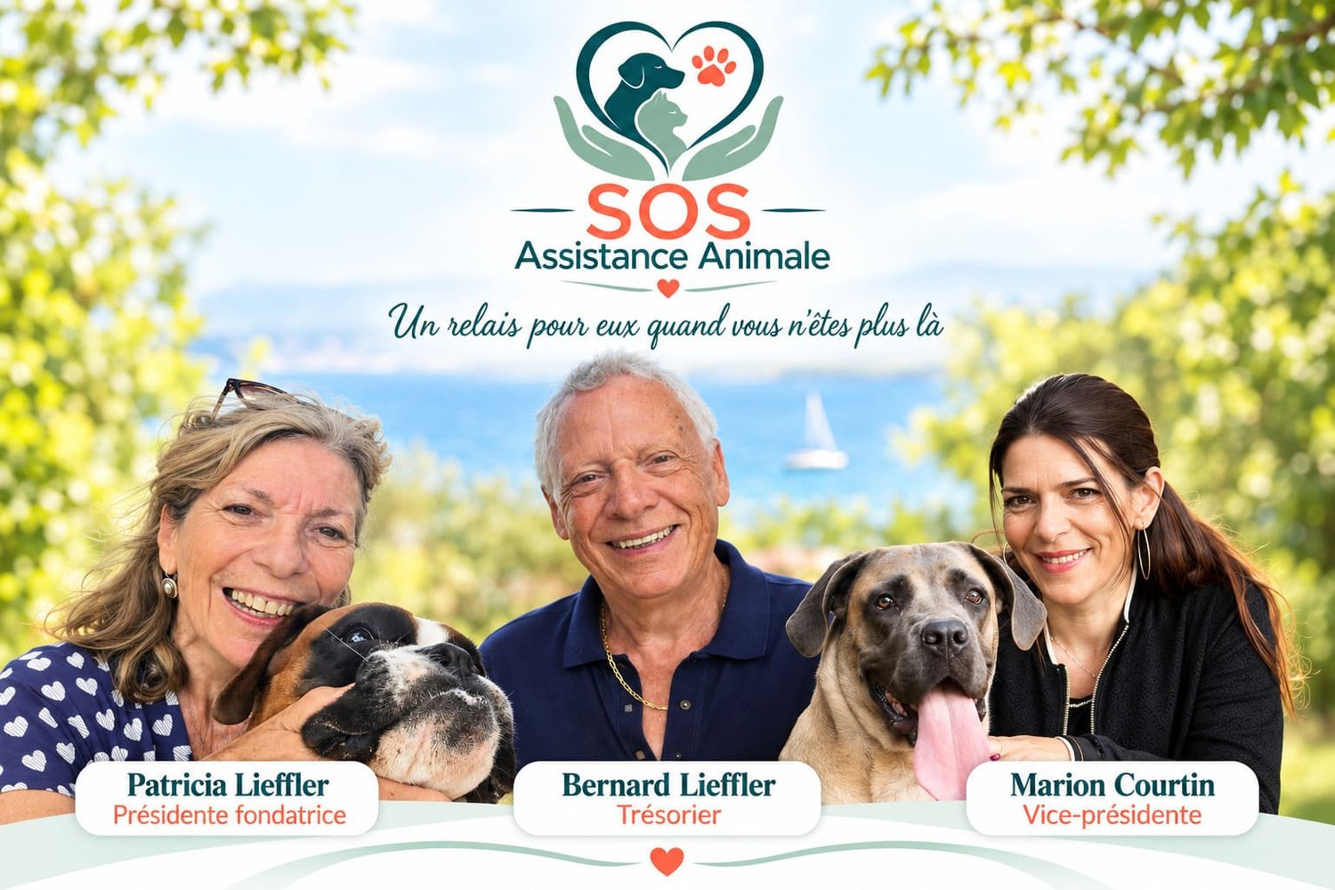 Équipe fondatrice de SOS Assistance Animale : Patricia Lieffler, présidente fondatrice, Bernard Lieffler, trésorier, et Marion Courtin, vice-présidente, avec leurs chiens.