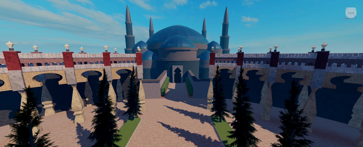 Medieval combat arena with dummies