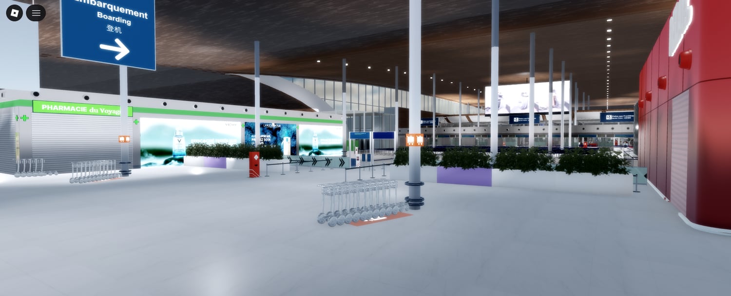 Detailed airport interior with boarding signage
