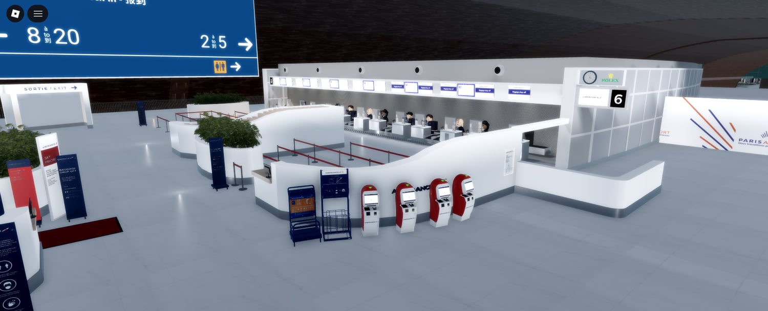 Airport check-in counters with passenger queues