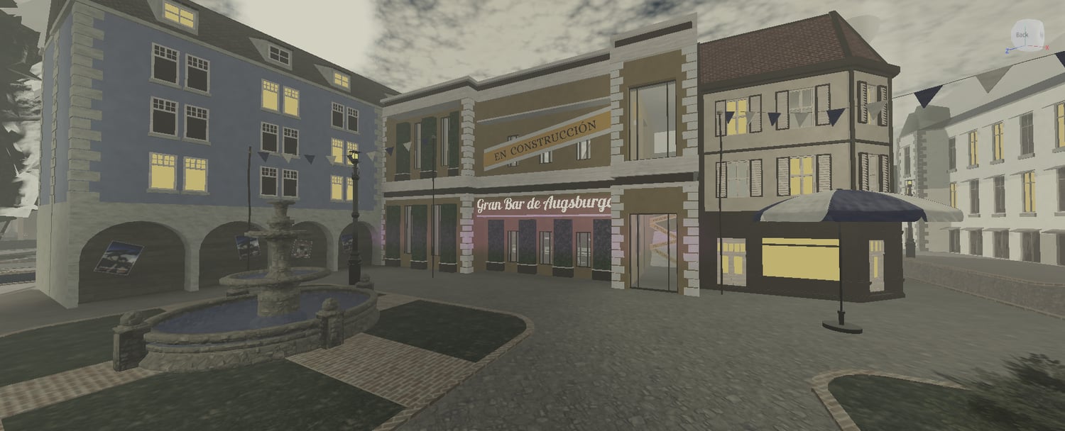 WW2-inspired city street with stone buildings and banners