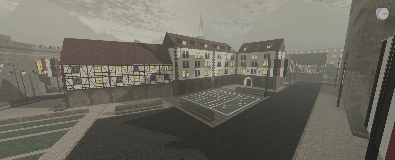 WW2-inspired European city square with timber-framed buildings