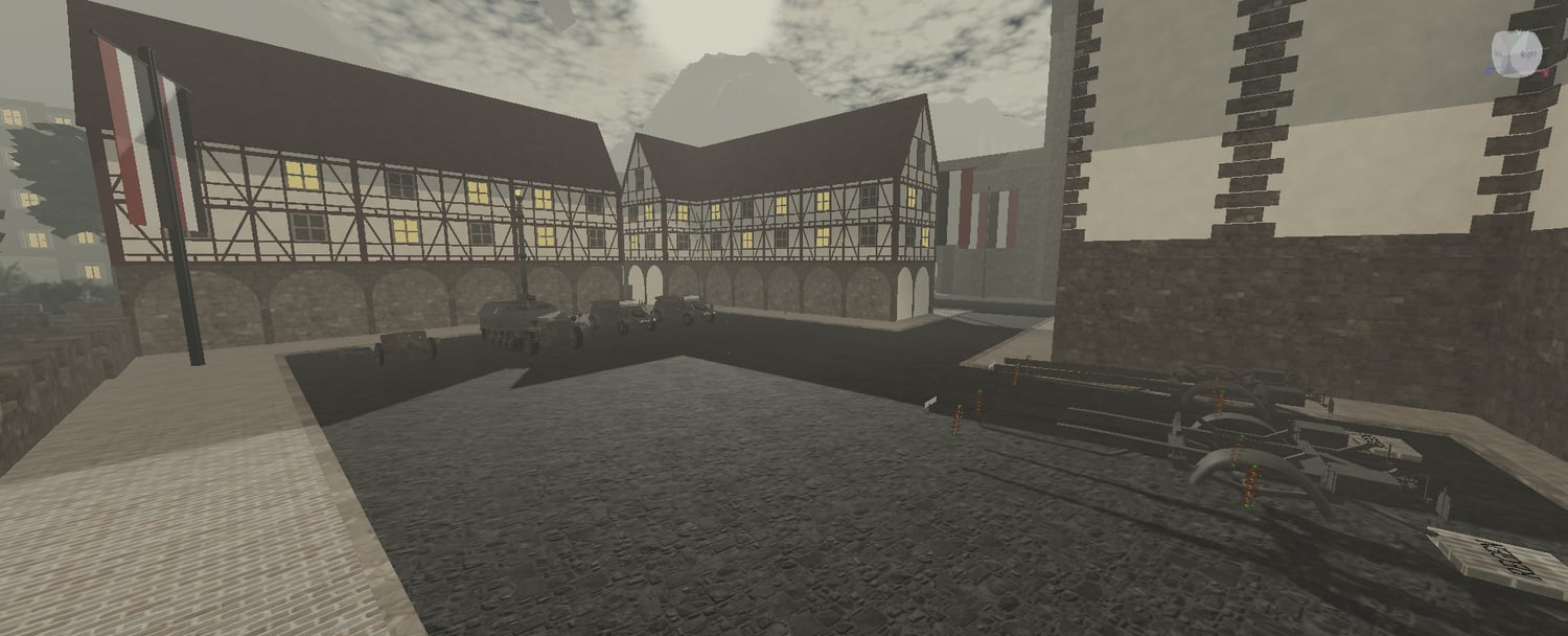 European city buildings with paved streets and flags