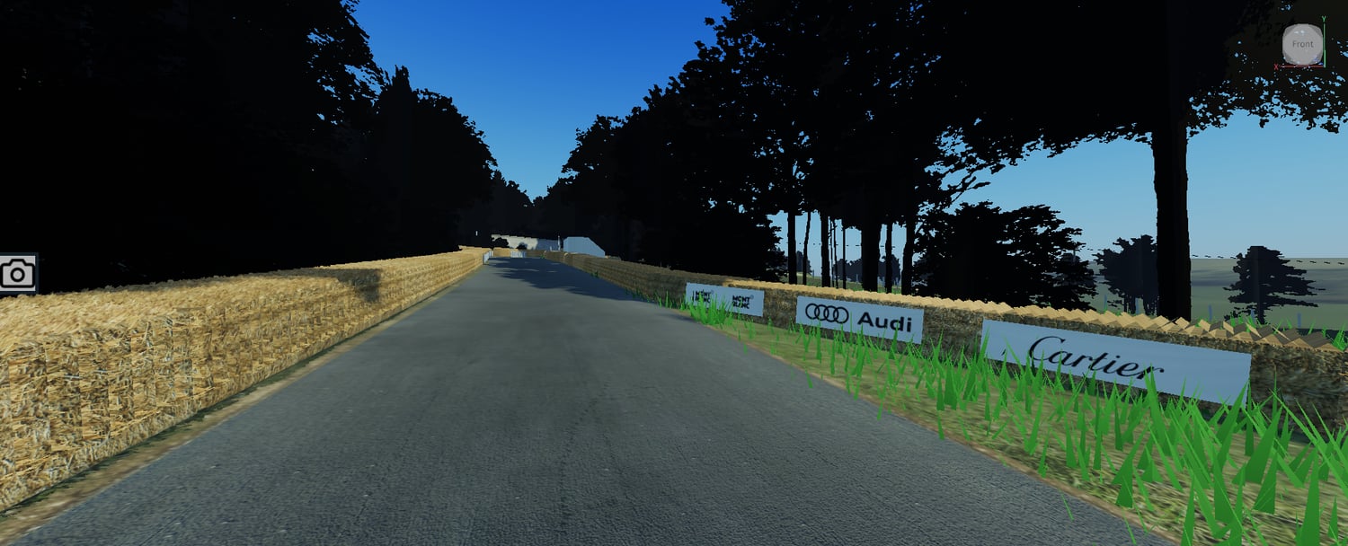 Long forest racing section with finish line