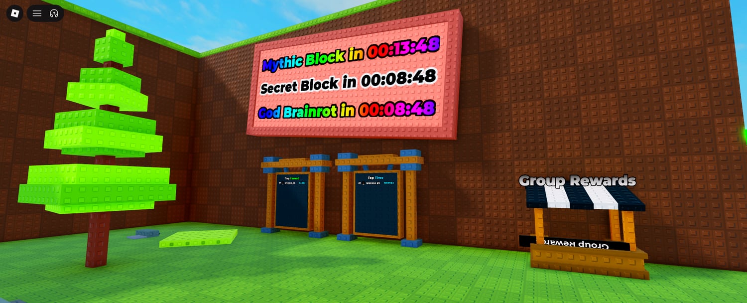 Roblox game map with trees, stalls, collectible areas, and progression zones