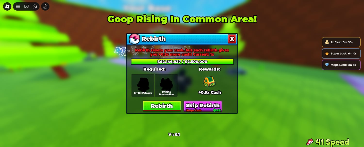 Brainrot collection area showing high-rarity collectible variants