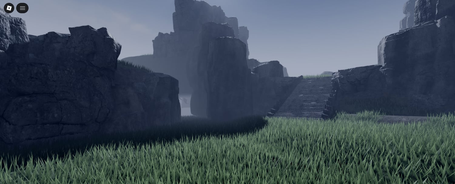 Large ruined fortress area with bridges and stone pathways