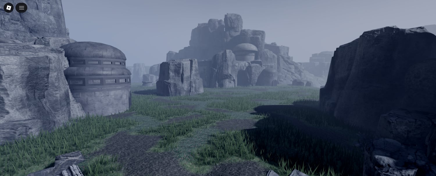 Roblox sci-fi canyon combat map with towering rock formations