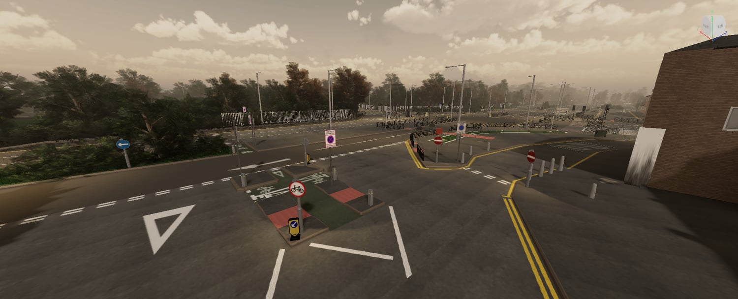 Residential neighborhood with detailed streets, houses, and streetlights