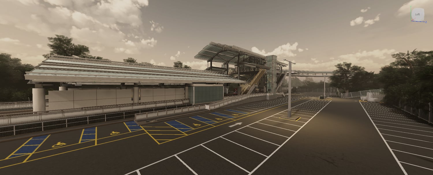 Urban road network with traffic islands, barriers, and marked lanes