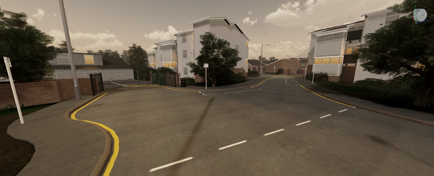 Wide multi-lane intersection with traffic signs and pedestrian crossings