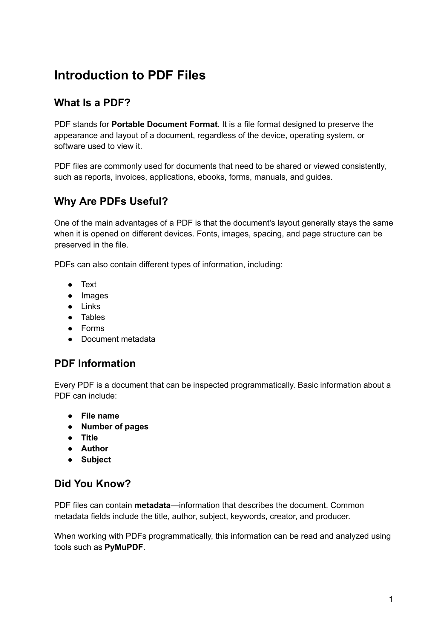 Python PDF Foundations beginner sample pack – 1-page native PDF with complete metadata