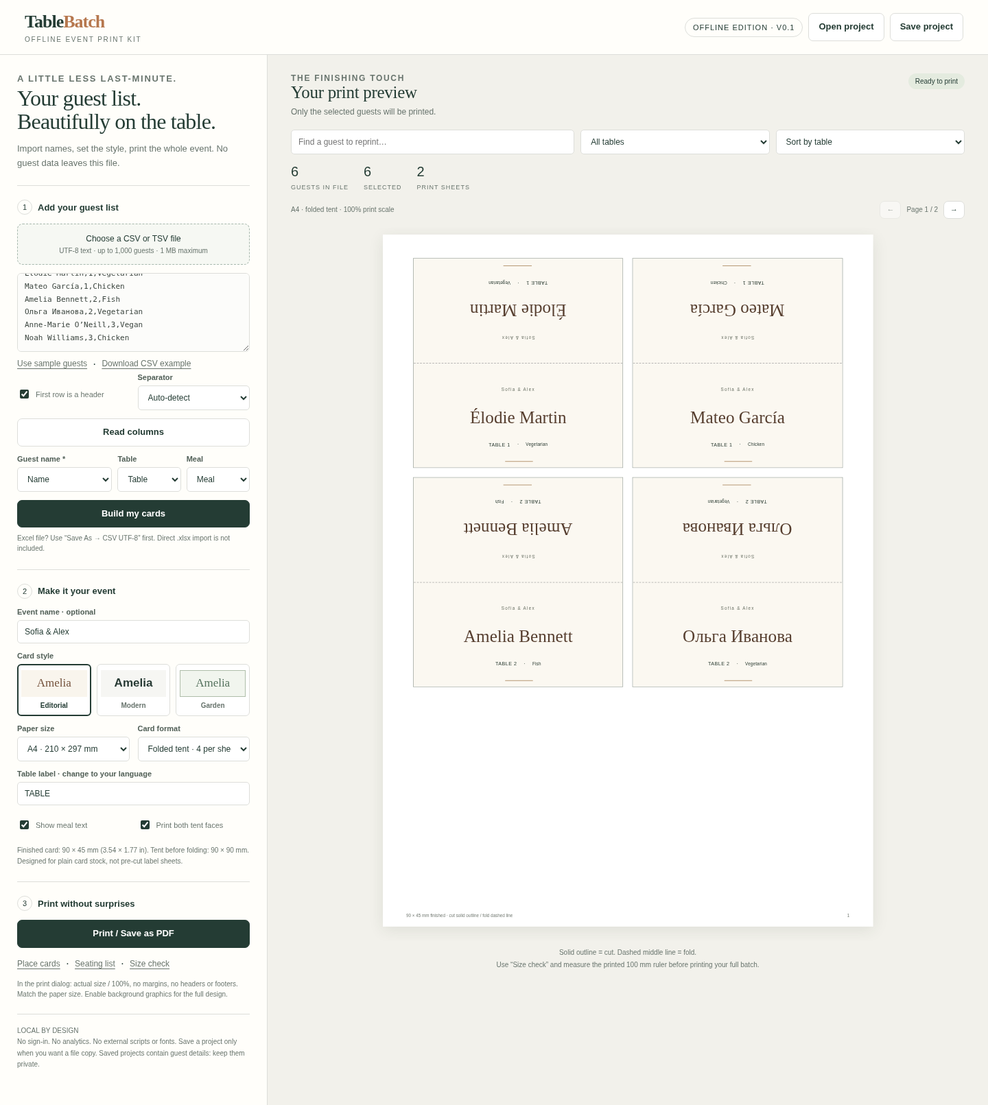 TableBatch CSV import controls beside an A4 print preview of folded guest place cards.