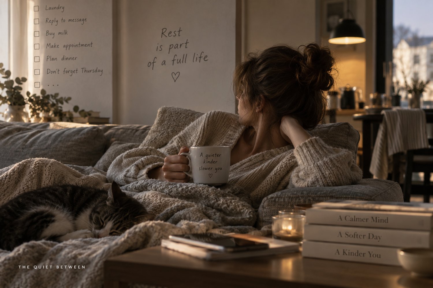 Woman resting on a couch while thinking about unfinished tasks, reflecting the guilt and mental load that can make it difficult to relax.