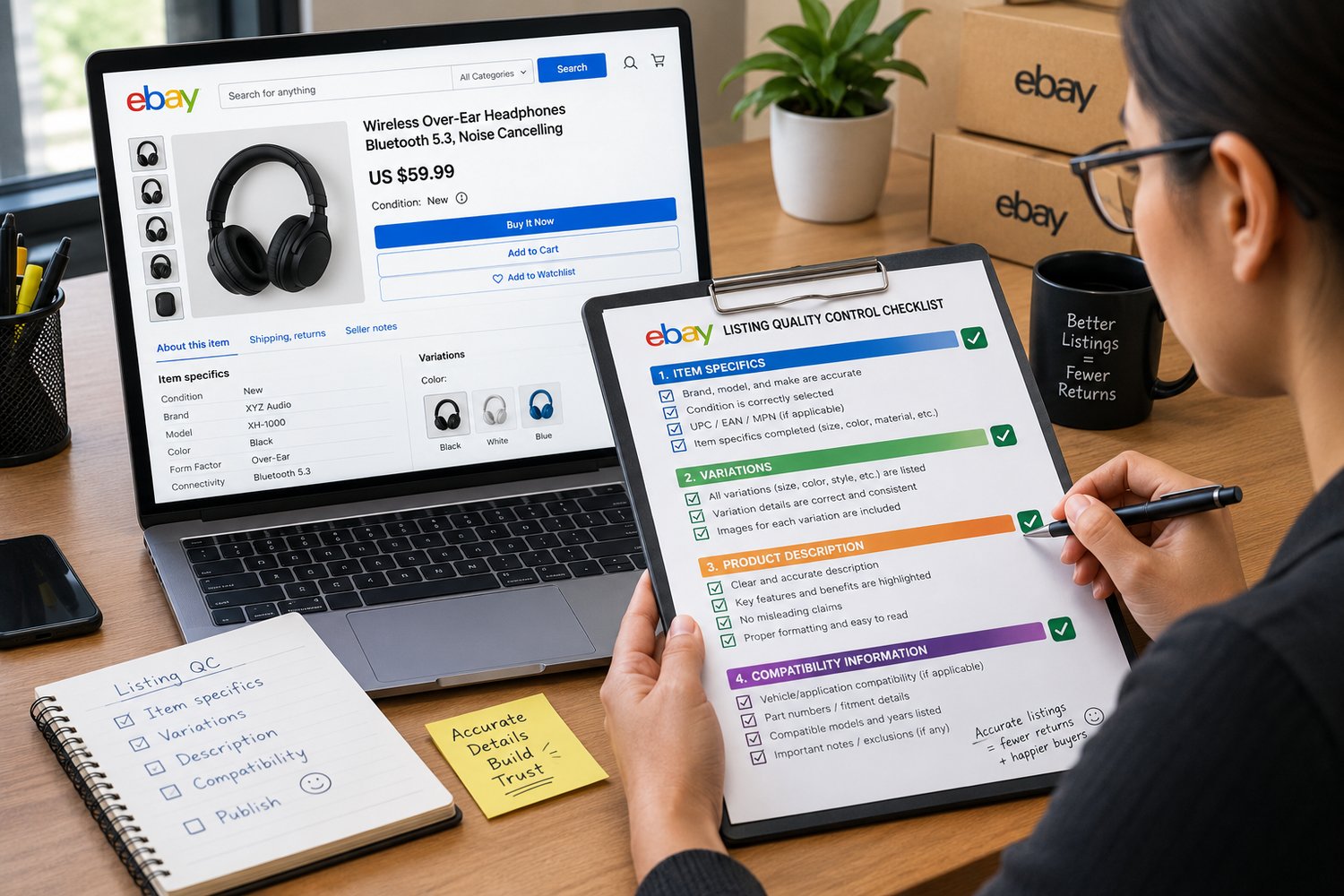 eBay seller reviewing a listing quality control checklist covering item specifics, product variations, descriptions, and compatibility information to improve listing accuracy and reduce buyer issues.