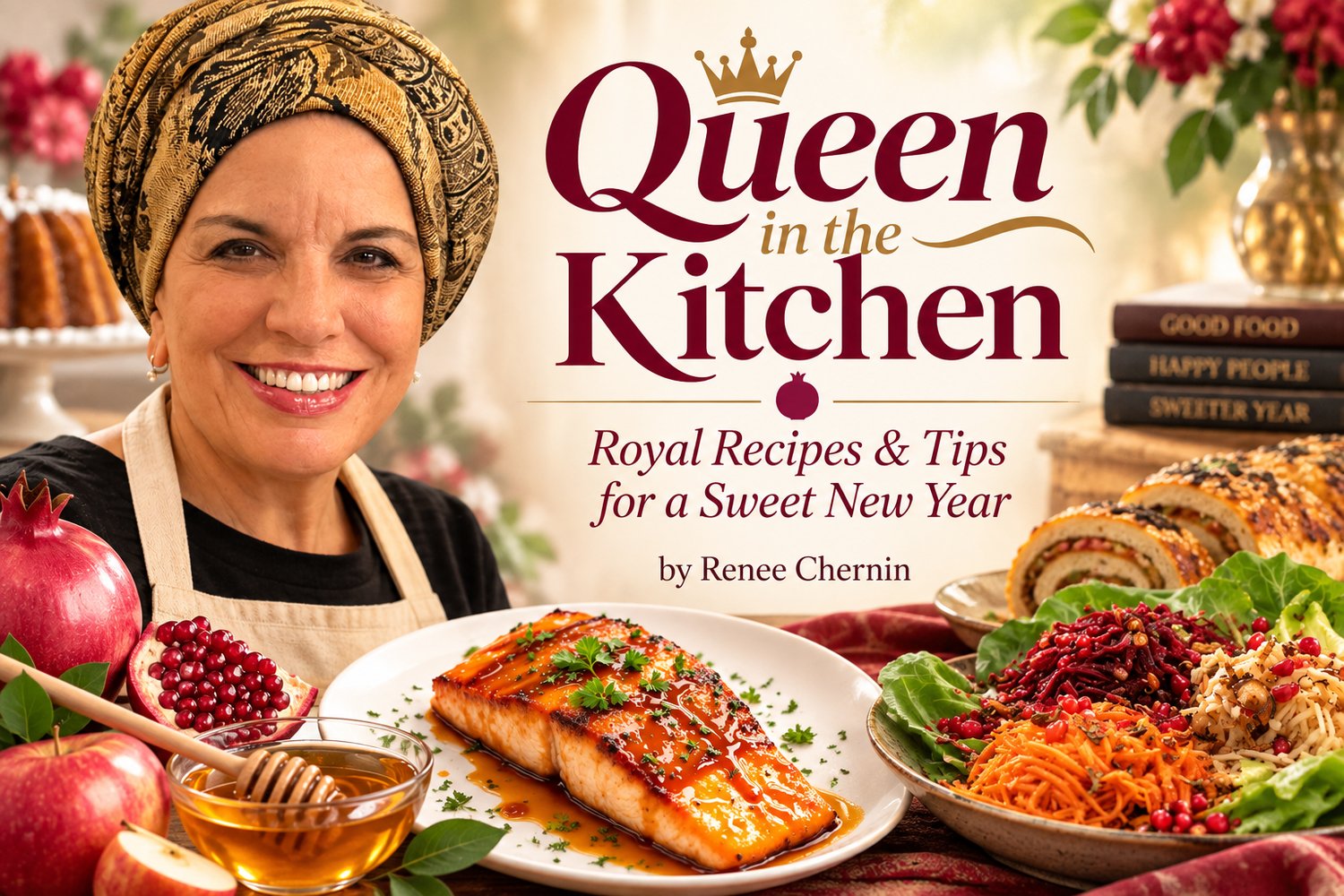 Queen in the Kitchen Royal Recipes & Tips for a Sweet New Year by Renee Chernin I Her Tribe Magazine Elul/Tishrei 5786 Renee Rousso Chernin  September 07, 2026 RECIPES I KOSHER KITCHEN    On Rosh Hashanah, we dress the table in white, we bring out our fin
