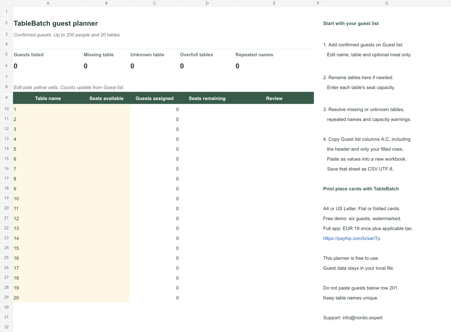 TableBatch table plan worksheet with table capacities, guest counts and over-capacity checks.