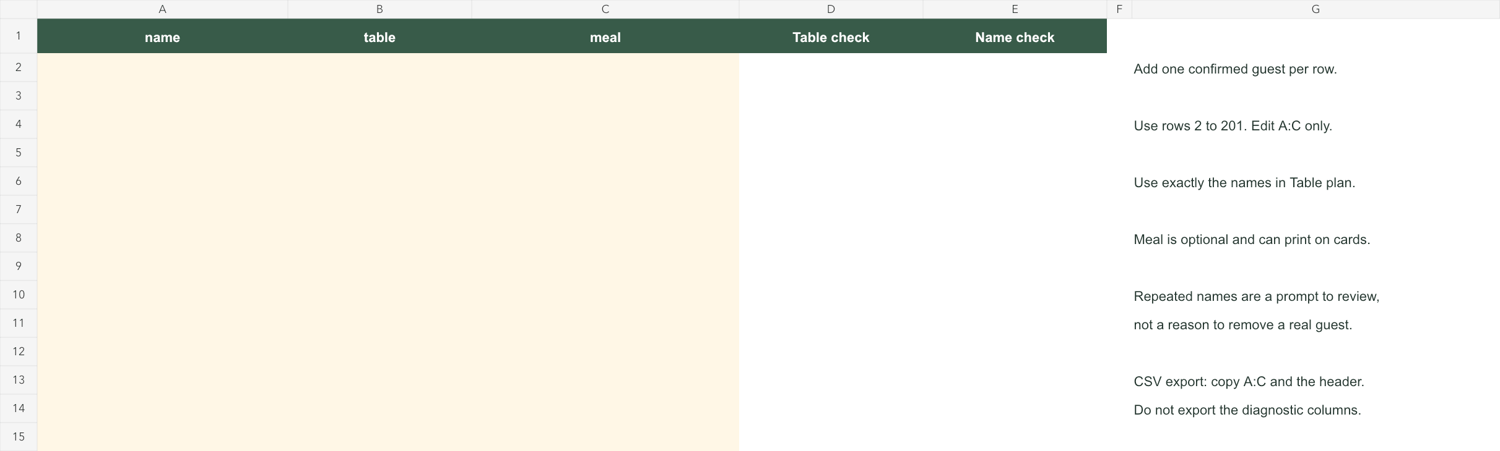 TableBatch guest list worksheet with name, table and meal columns, plus missing-table and duplicate-name checks.