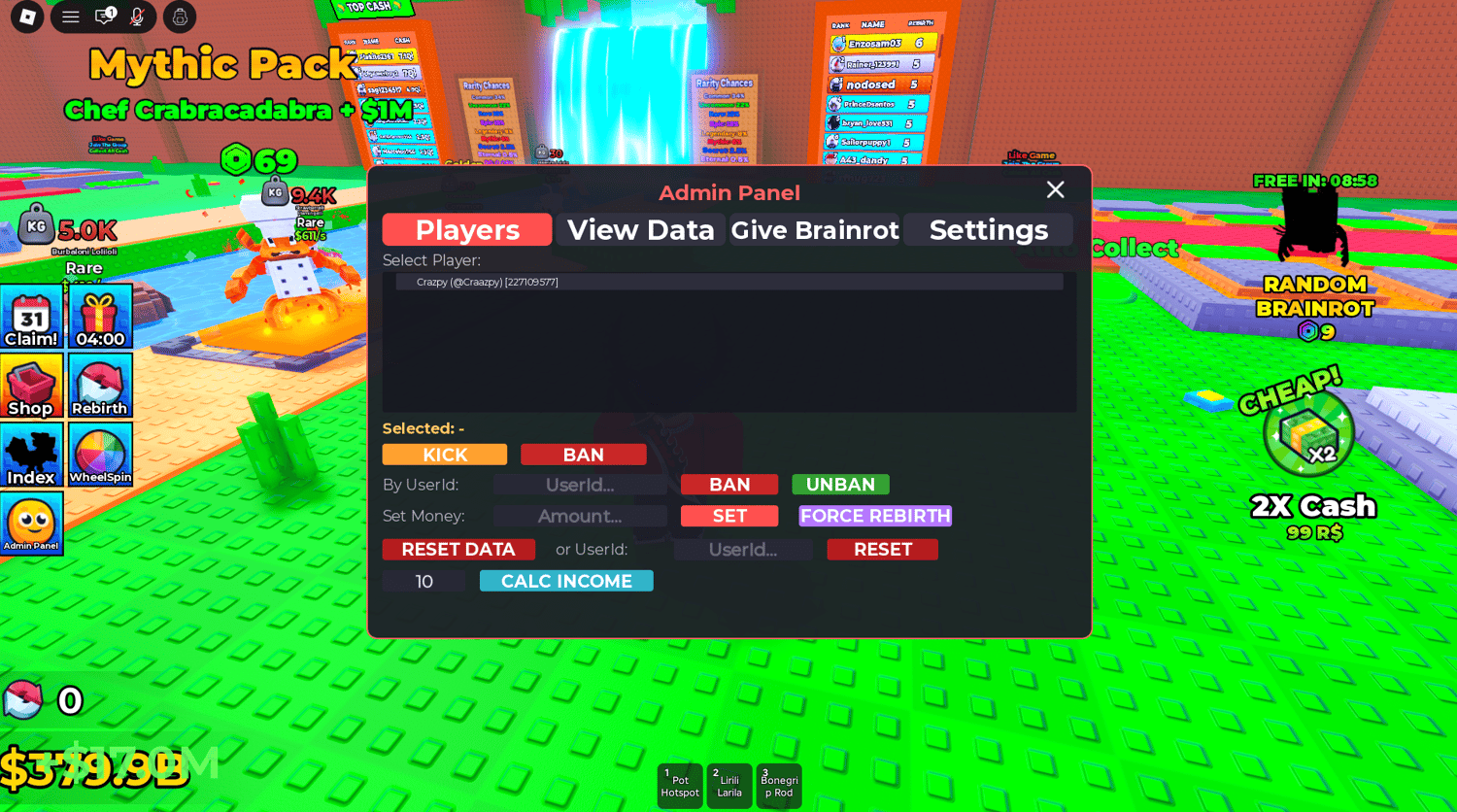 Fish For Brainrots Roblox game with central waterfall and player plots