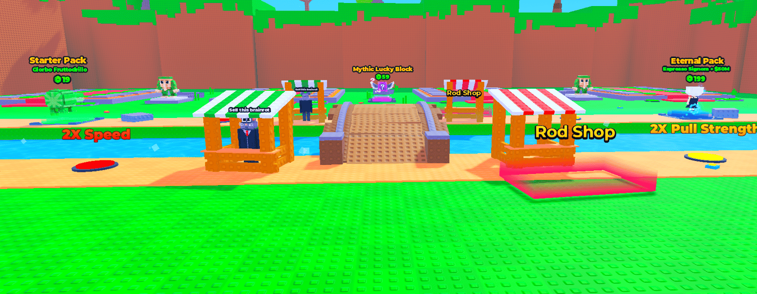Roblox fishing game character standing beside the central water channel