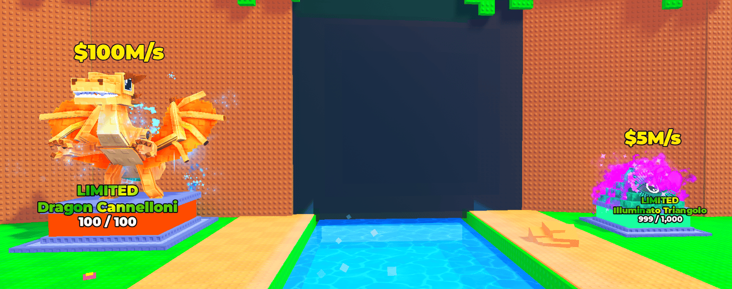 Roblox Brainrot game area with Lucky Block and reward locations