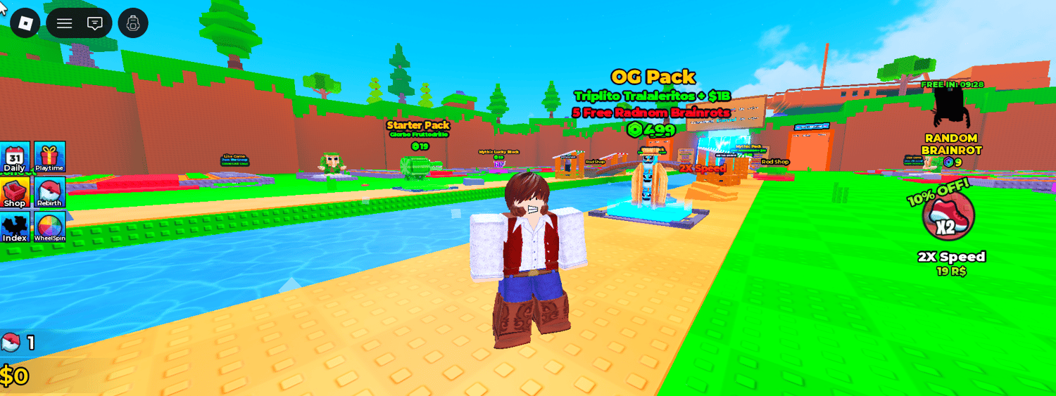 Fish For Brainrots interface with rewards and gameplay controls