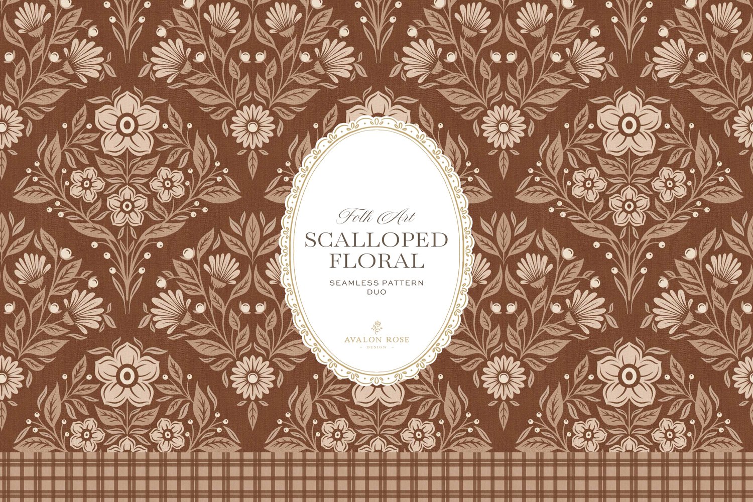 Scalloped Floral Folk Art seamless surface pattern duo features a hand drawn folk art botanical with scalloped florals, leaves, and berries in rust orange and a matching plaid
