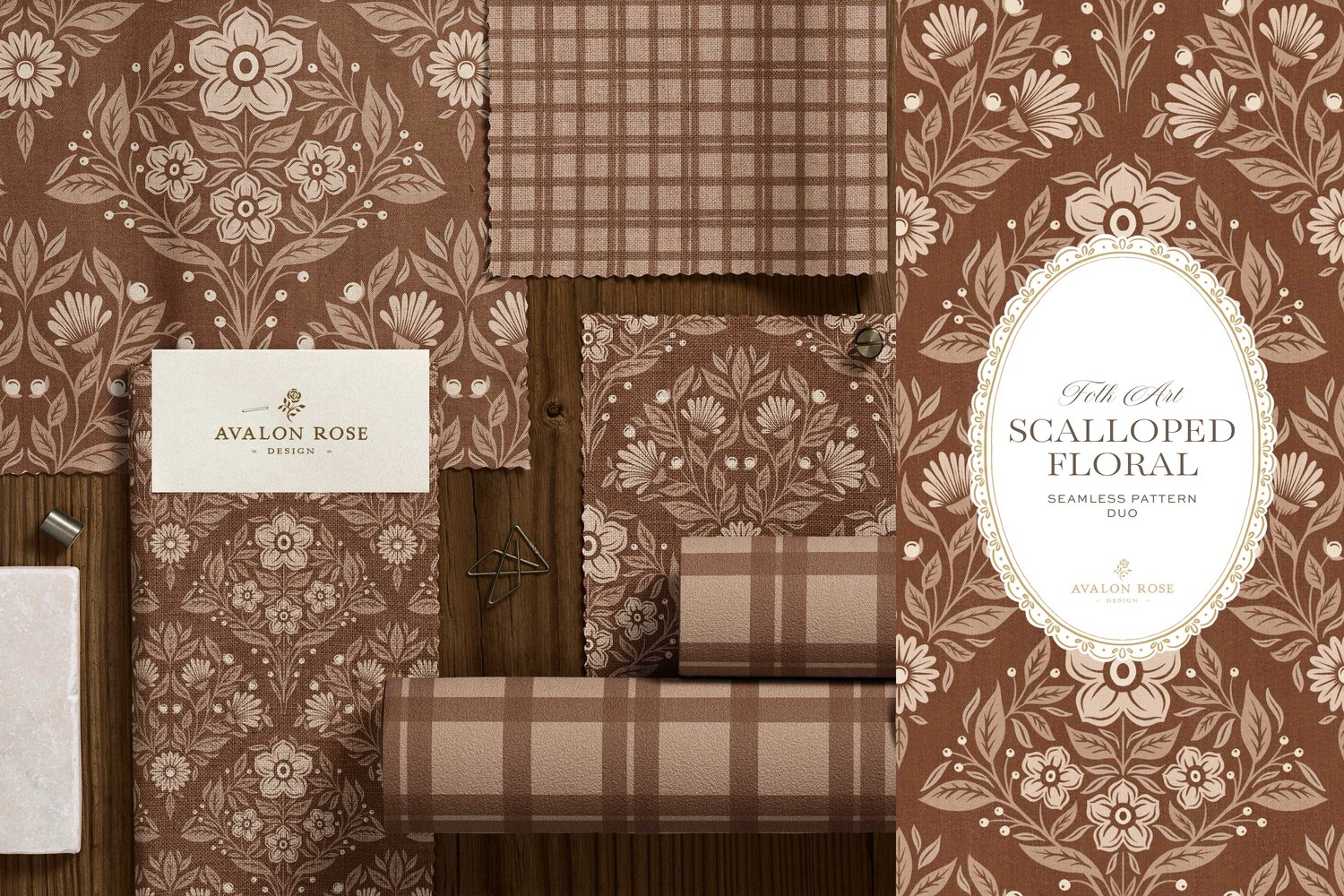 Scalloped Floral Folk Art seamless surface pattern duo features a hand drawn folk art botanical with scalloped florals, leaves, and berries in rust orange and a matching plaid on fabric and wallpaper swatches