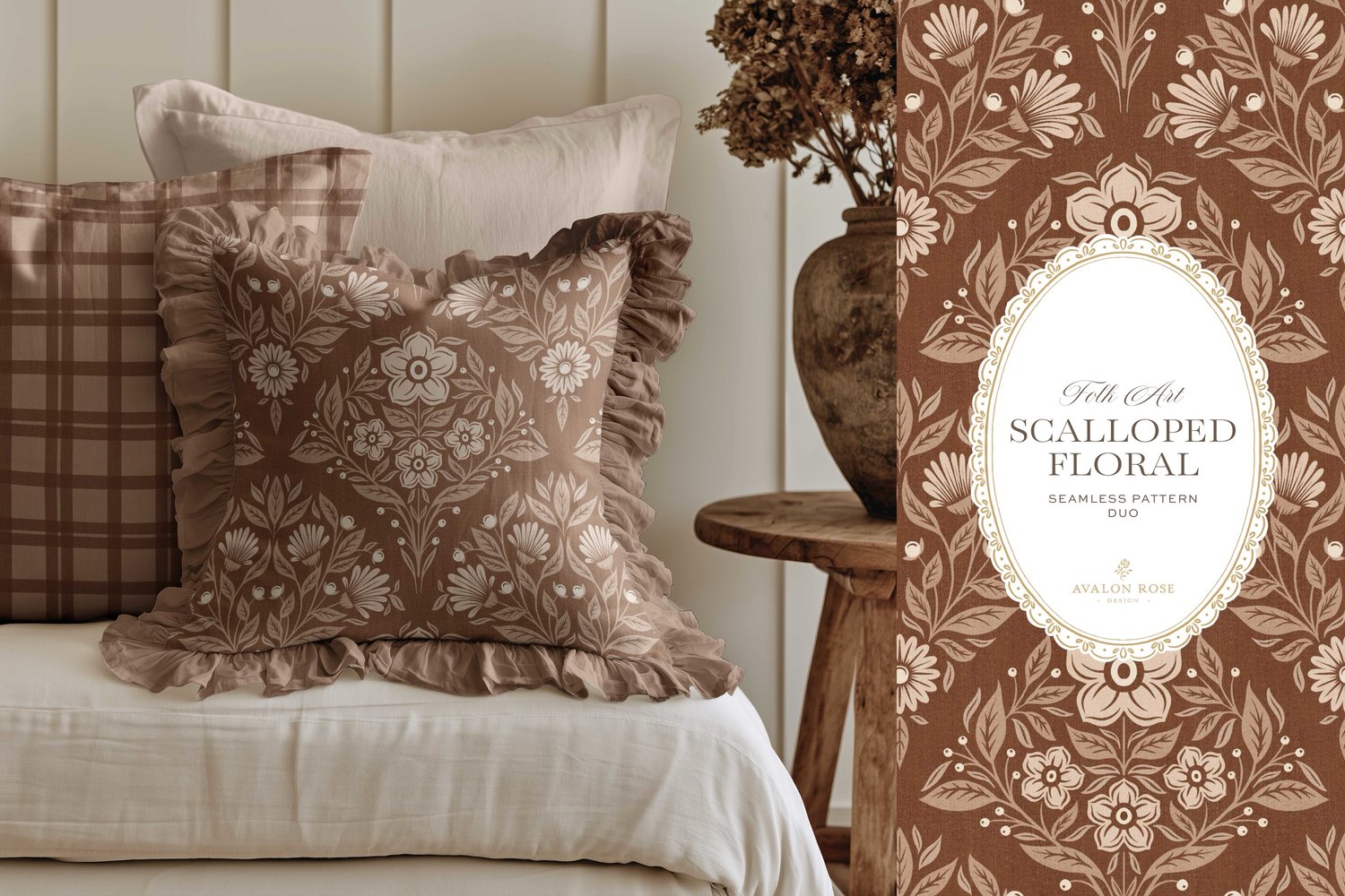 Scalloped Floral Folk Art seamless surface pattern duo features a hand drawn folk art botanical with scalloped florals, leaves, and berries in rust orange and a matching plaid on a ruffled home throw pillow