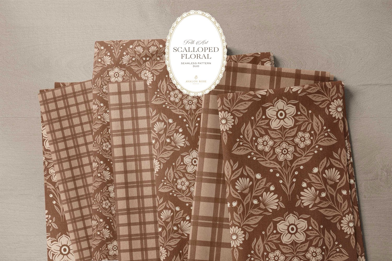 Scalloped Floral Folk Art seamless surface pattern duo features a hand drawn folk art botanical with scalloped florals, leaves, and berries in rust orange and a matching plaid on bolts of fabric
