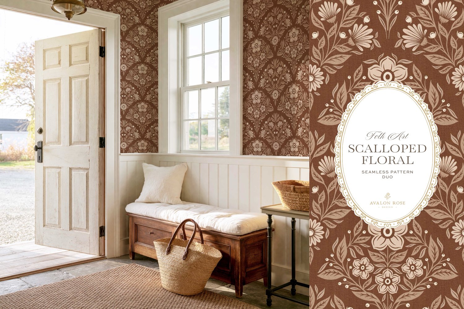 Scalloped Floral Folk Art seamless surface pattern duo features a hand drawn folk art botanical with scalloped florals, leaves, and berries in rust orange and a matching plaid on wallpaper in an entryway