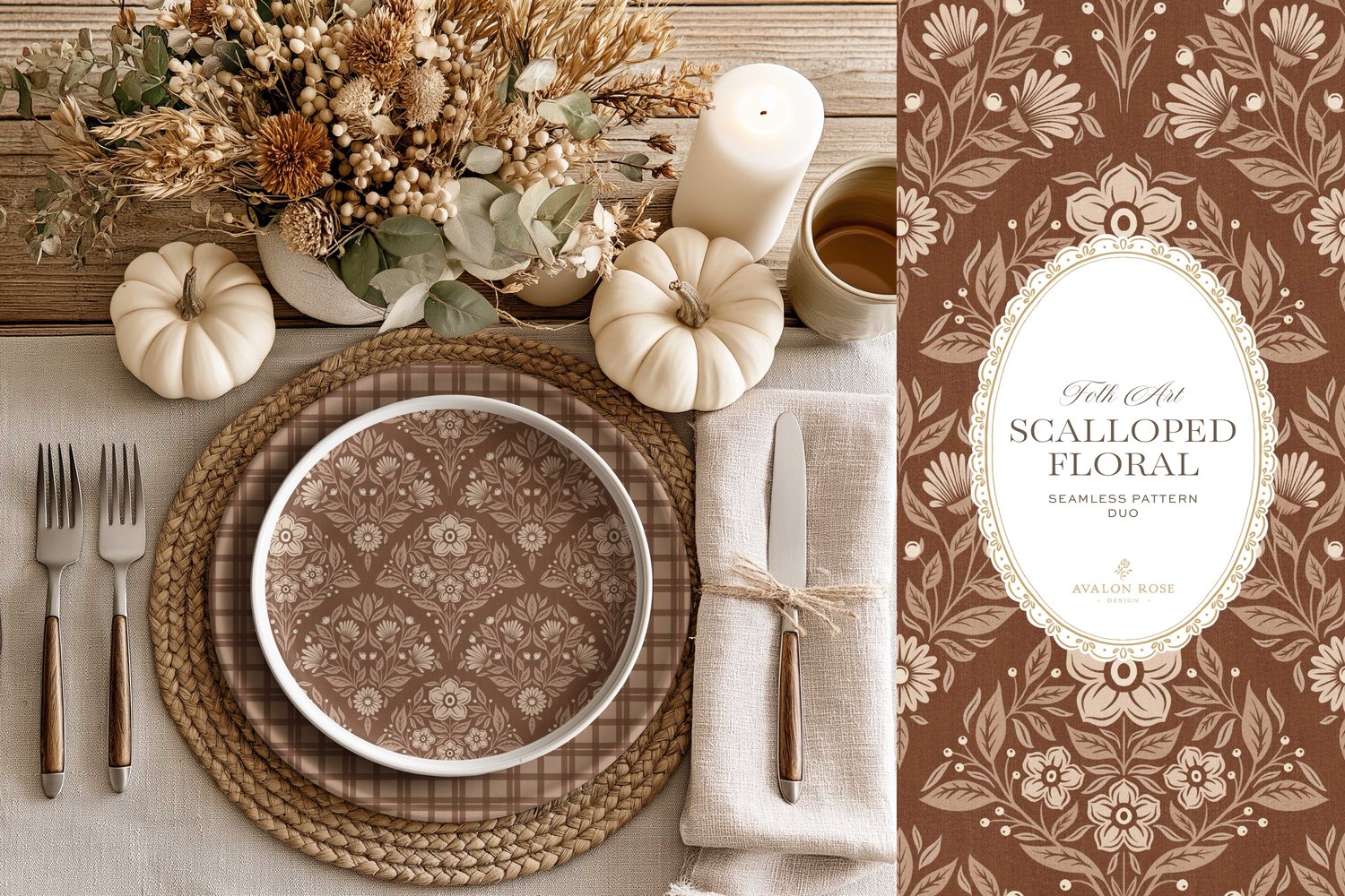 Scalloped Floral Folk Art seamless surface pattern duo features a hand drawn folk art botanical with scalloped florals, leaves, and berries in rust orange and a matching plaid on plates in a autumn table setting
