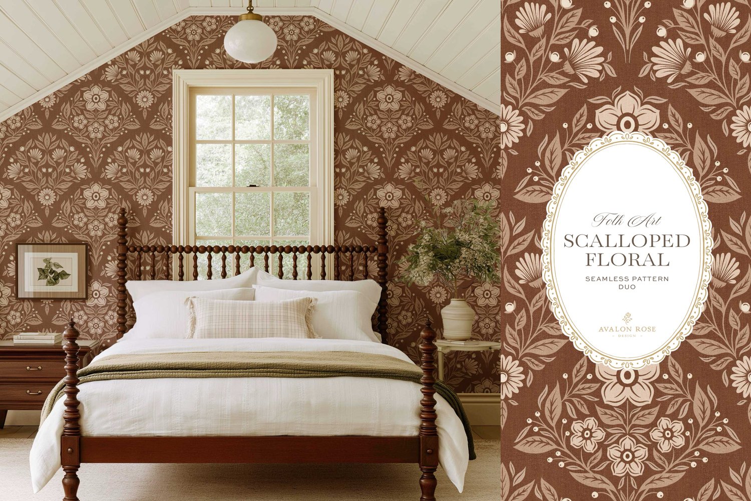 Scalloped Floral Folk Art seamless surface pattern duo features a hand drawn folk art botanical with scalloped florals, leaves, and berries in rust orange and a matching plaid on wallpaper