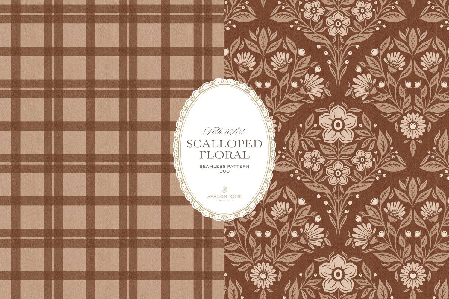 Scalloped Floral Folk Art seamless surface pattern duo features a hand drawn folk art botanical with scalloped florals, leaves, and berries in rust orange and a matching plaid