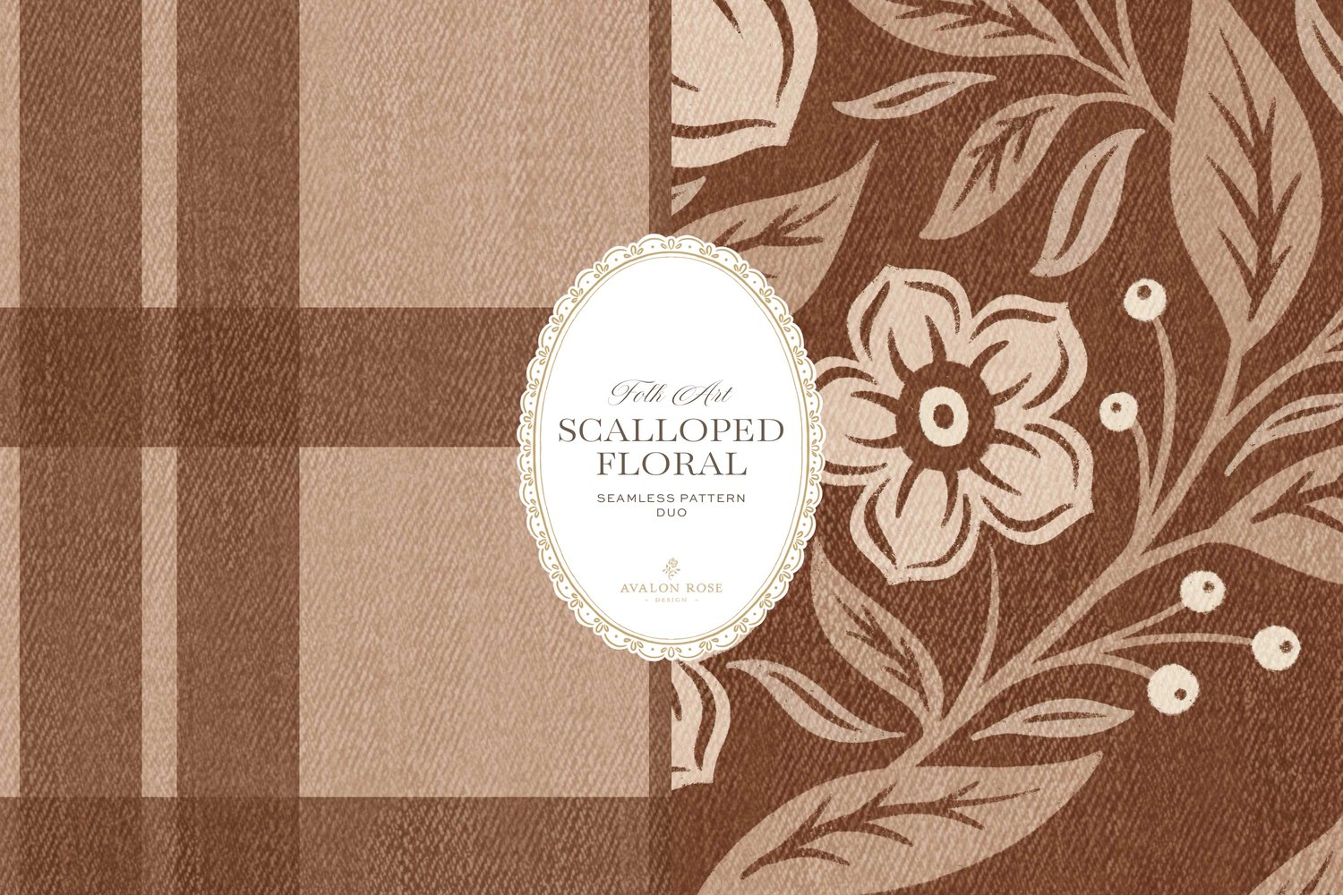 Scalloped Floral Folk Art seamless surface pattern duo features a hand drawn folk art botanical with scalloped florals, leaves, and berries in rust orange and a matching plaid