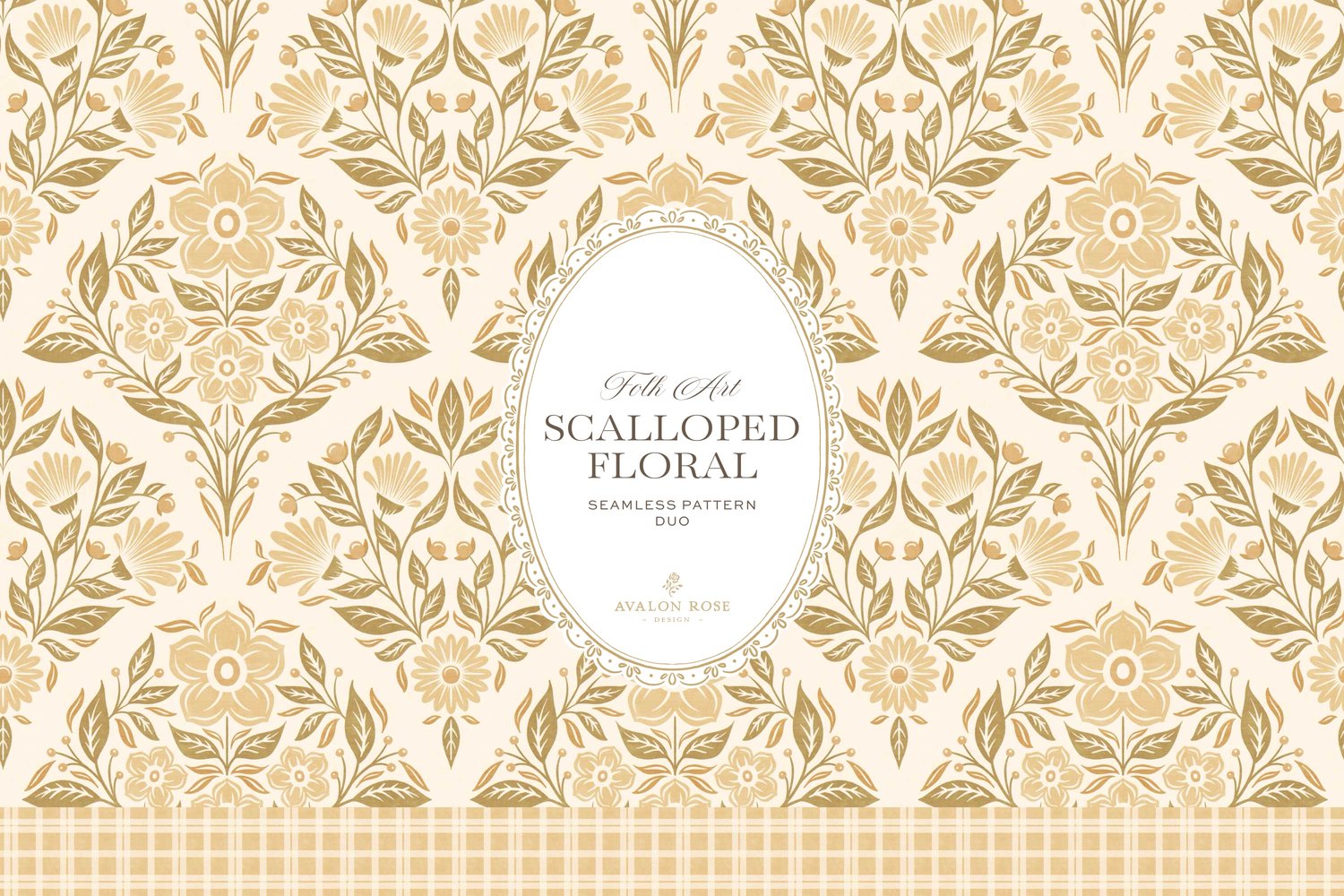 The Scalloped Floral Folk Art seamless surface pattern duo features a hand drawn folk art botanical with scalloped florals, leaves, and berries in yellow with a matching plaid