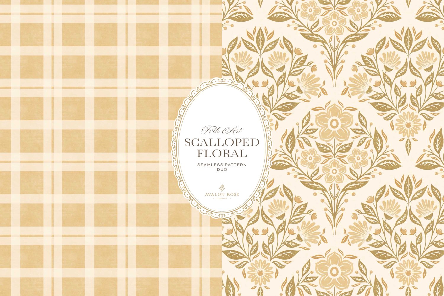The Scalloped Floral Folk Art seamless surface pattern duo features a hand drawn folk art botanical with scalloped florals, leaves, and berries in yellow with a matching plaid