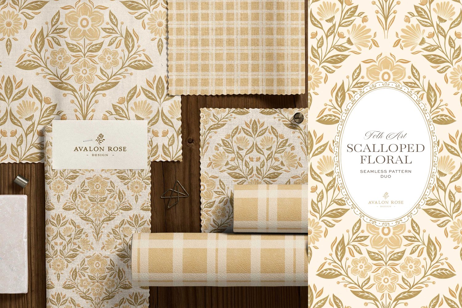 The Scalloped Floral Folk Art seamless surface pattern duo features a hand drawn folk art botanical with scalloped florals, leaves, and berries in yellow with a matching plaid on fabric and wallpaper swatches