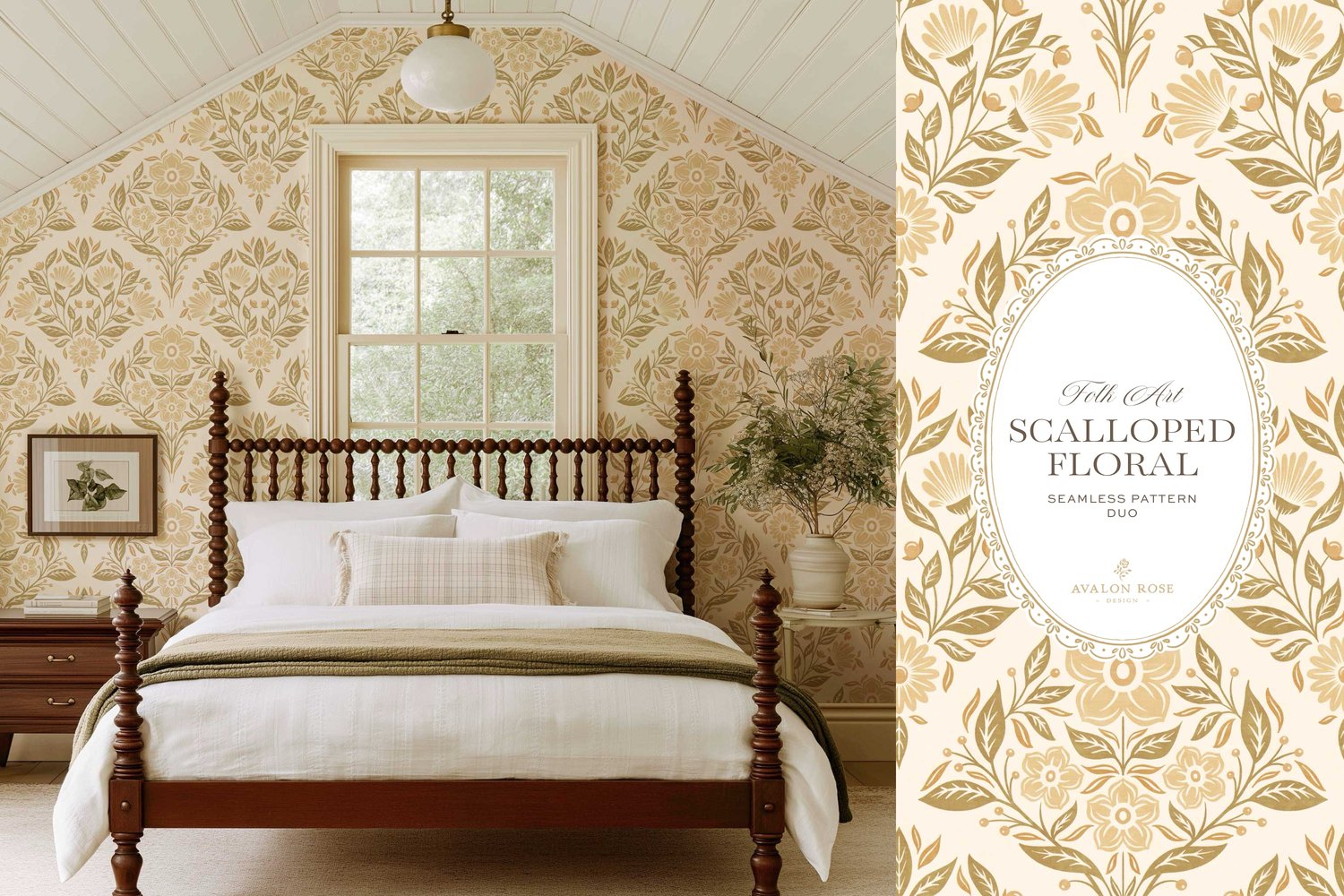 The Scalloped Floral Folk Art seamless surface pattern duo features a hand drawn folk art botanical with scalloped florals, leaves, and berries in yellow with a matching plaid on wallpaper in a bedroom