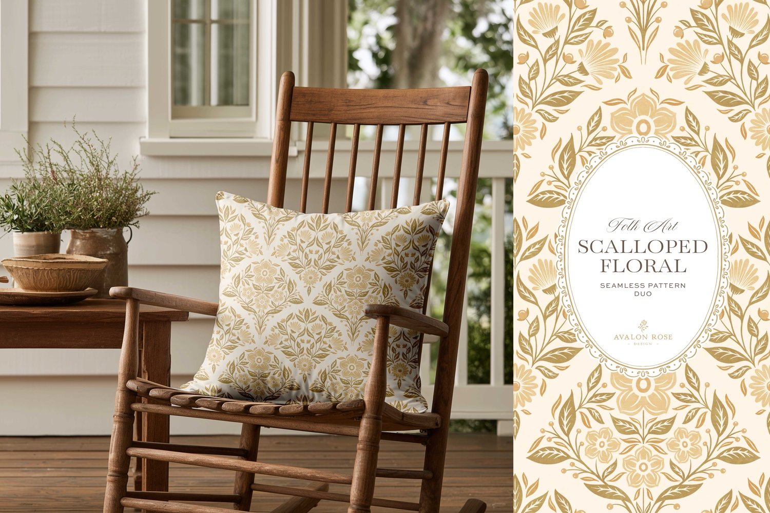 The Scalloped Floral Folk Art seamless surface pattern duo features a hand drawn folk art botanical with scalloped florals, leaves, and berries in yellow with a matching plaid on a pillow in a rocking chair