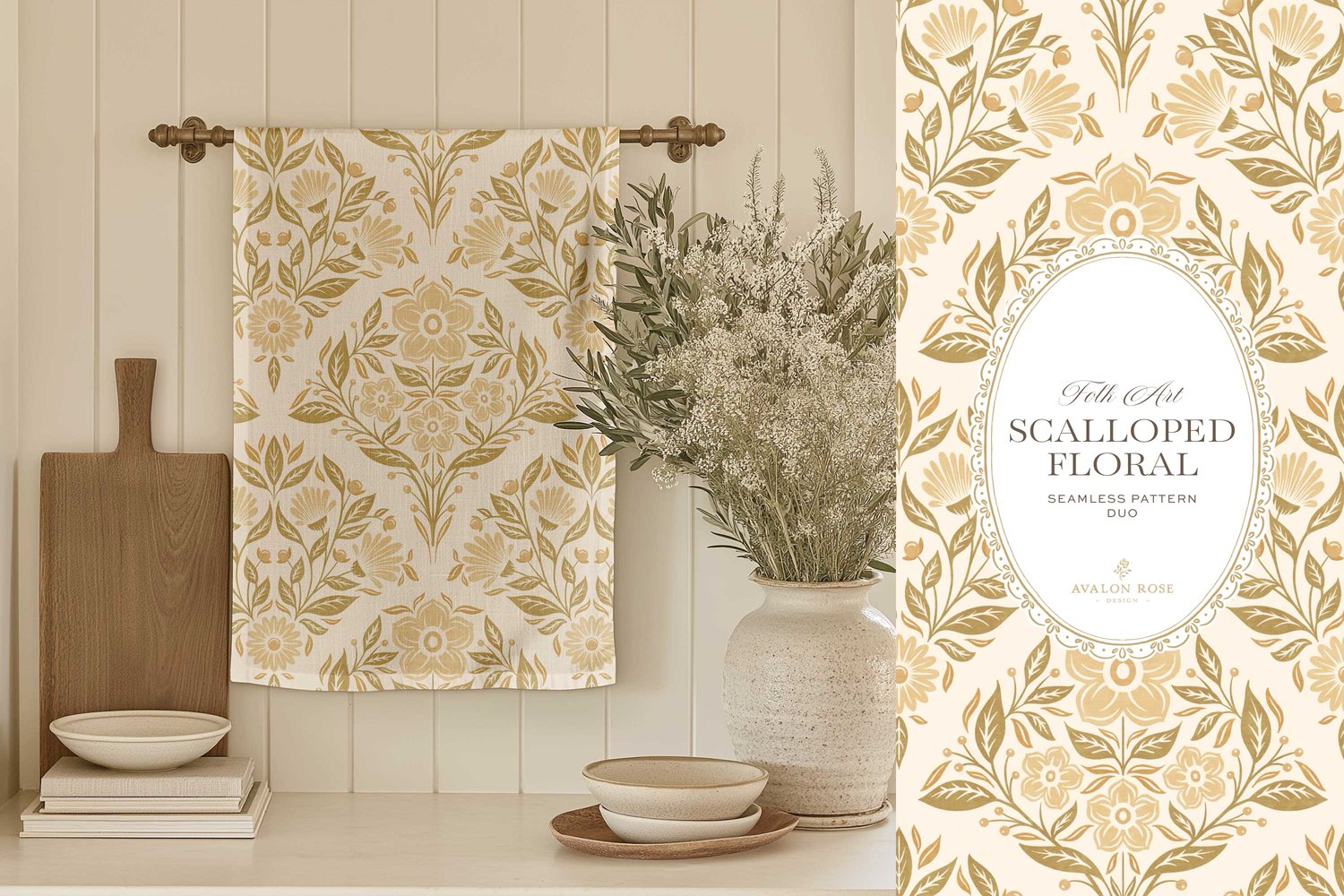 The Scalloped Floral Folk Art seamless surface pattern duo features a hand drawn folk art botanical with scalloped florals, leaves, and berries in yellow with a matching plaid on a tea towel