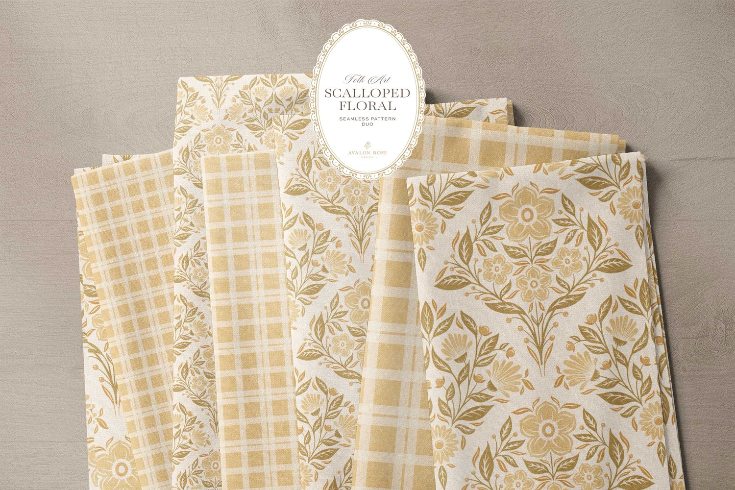 The Scalloped Floral Folk Art seamless surface pattern duo features a hand drawn folk art botanical with scalloped florals, leaves, and berries in yellow with a matching plaid on bolts of fabric
