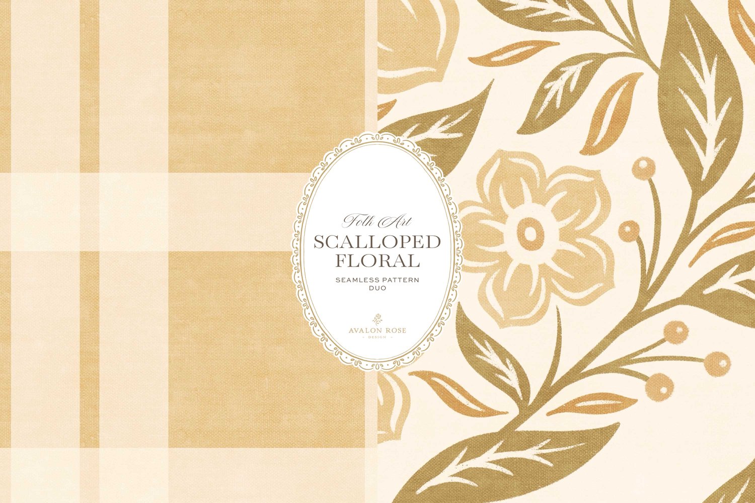 The Scalloped Floral Folk Art seamless surface pattern duo features a hand drawn folk art botanical with scalloped florals, leaves, and berries in yellow with a matching plaid