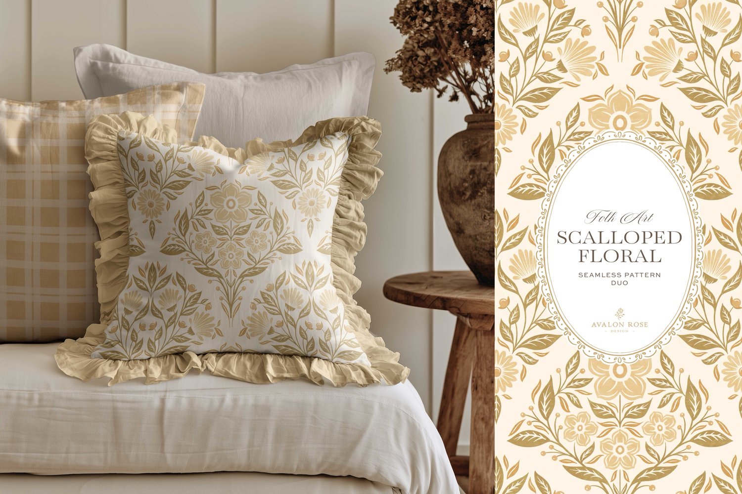 The Scalloped Floral Folk Art seamless surface pattern duo features a hand drawn folk art botanical with scalloped florals, leaves, and berries in yellow with a matching plaid on a ruffled throw pillow