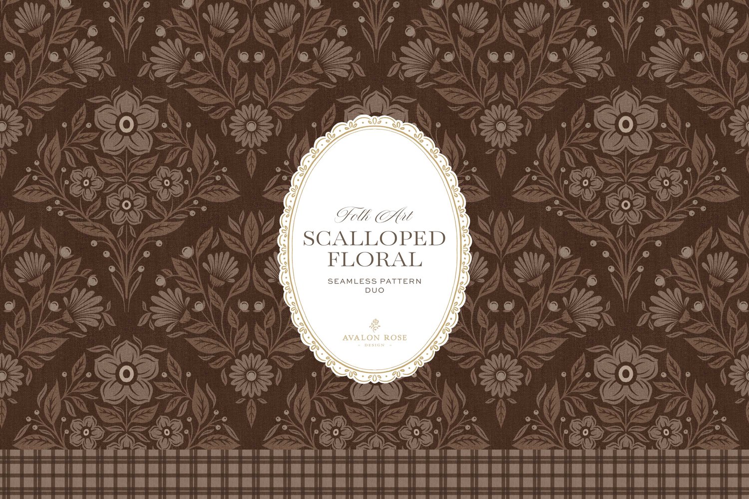 Scalloped Floral Folk Art seamless surface pattern duo features a hand drawn folk art botanical with scalloped florals, leaves, and berries in dark brown with a matching plaid