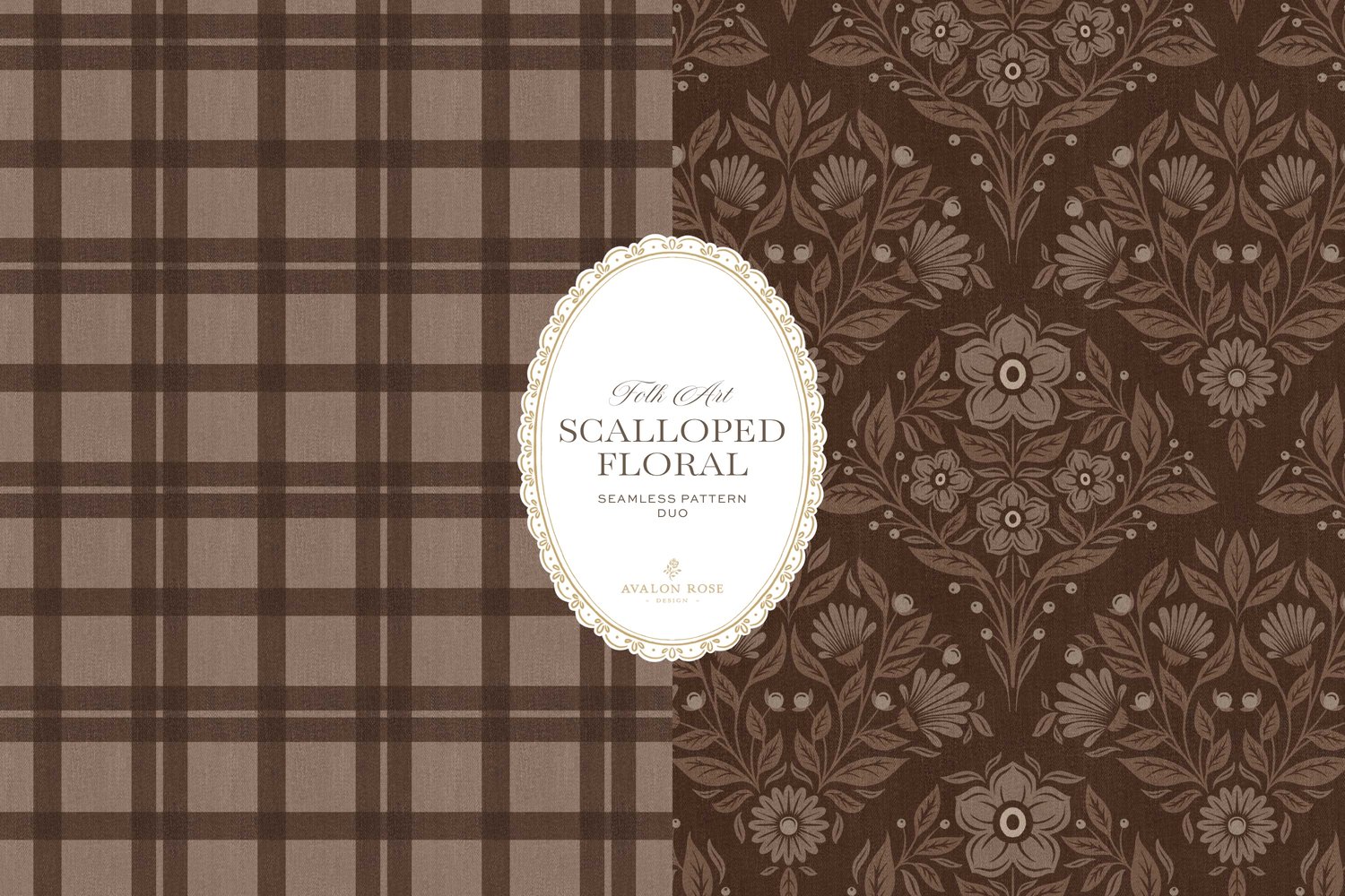 Scalloped Floral Folk Art seamless surface pattern duo features a hand drawn folk art botanical with scalloped florals, leaves, and berries in dark brown with a matching plaid